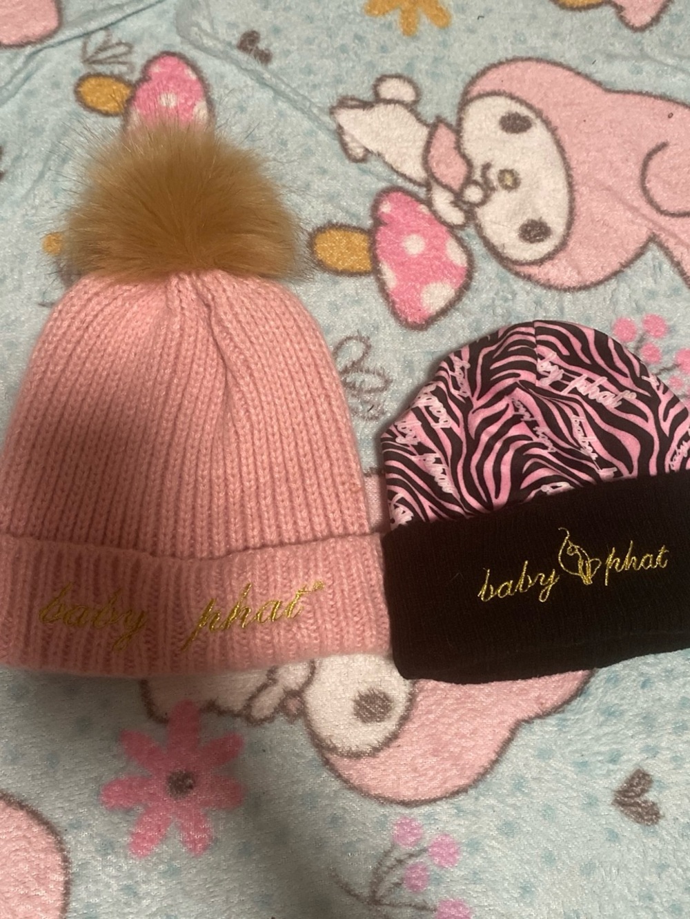 Baby Phat Pink Knit Pom Pom Beanie & Black Pink Zebra Cuff Beanie